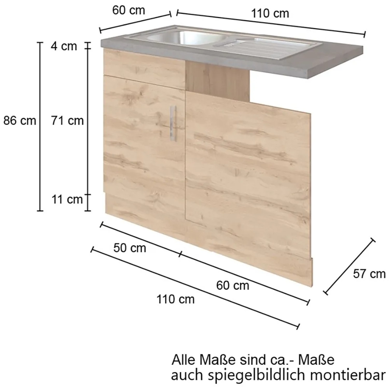 Held Möbel Spülzentrum Sorrento, 110cm, Anthrazit/Weiß-Eiche Dekor, mit Spüle und Tür. Maße siehe Bild.