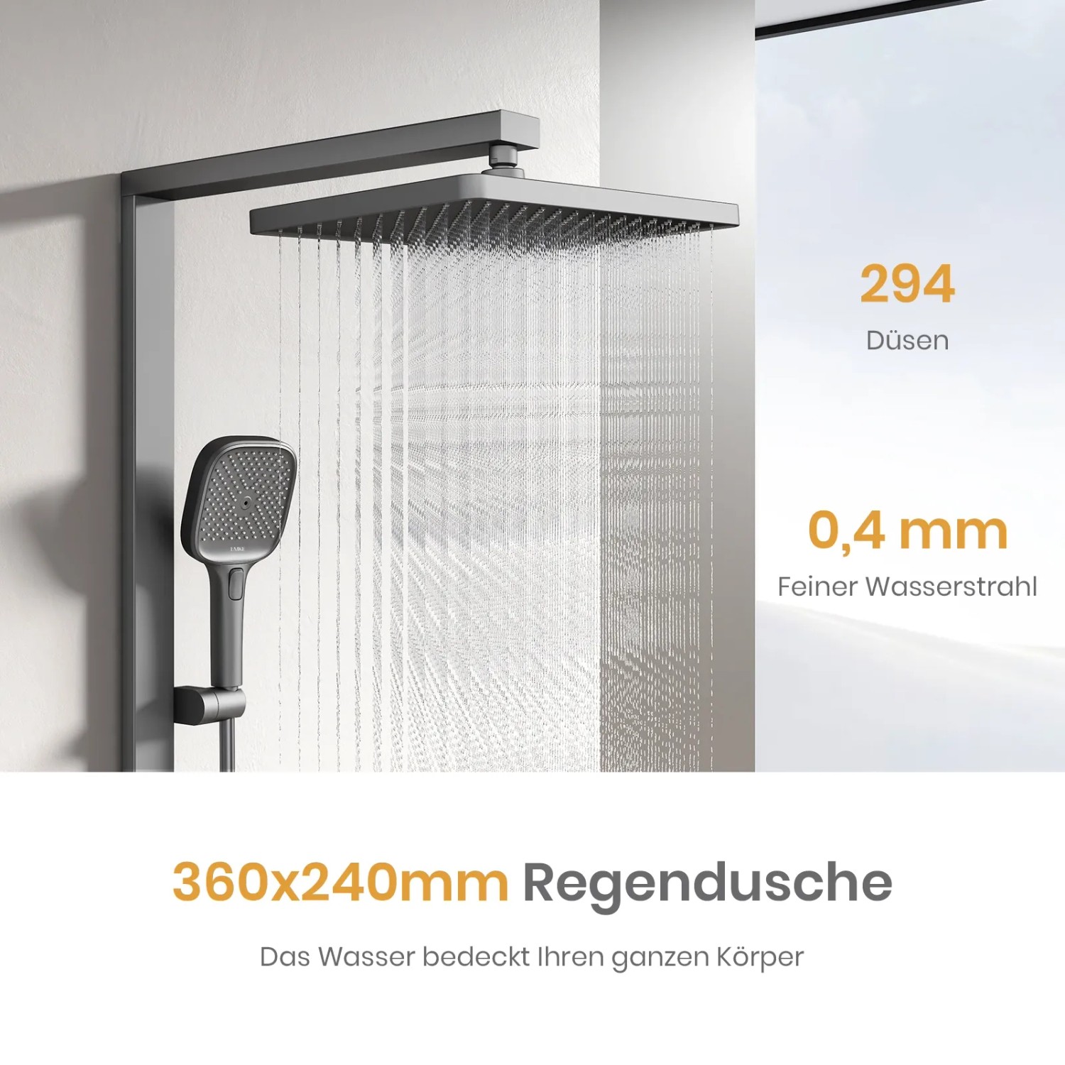 Emke Duschsystem Anthrazit mit Regendusche und Handbrause. Komplettes Duscharmatur-Set.