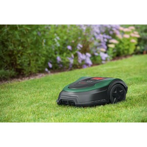 Bosch Indego XS 300 Mähroboter auf Rasen vor blühenden Büschen.