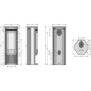 Technische Zeichnung Kaminofen Justus Usedom 5 Speckstein, Maße und Anschlüsse für Installation.