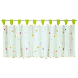 Grüne Bistrogardine mit Schlaufen und Blumenmuster, 150x45 cm, für eine gemütliche Fensterdekoration.
