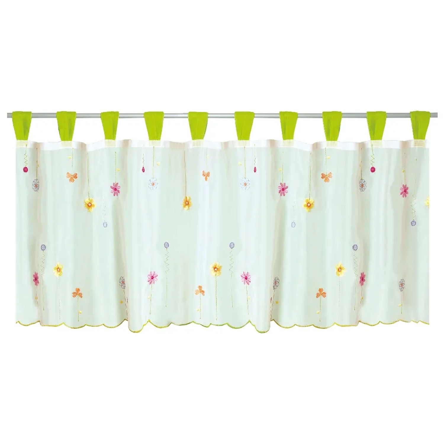 Grüne Bistrogardine mit Schlaufen und Blumenmuster, 150x45 cm, für eine gemütliche Fensterdekoration.
