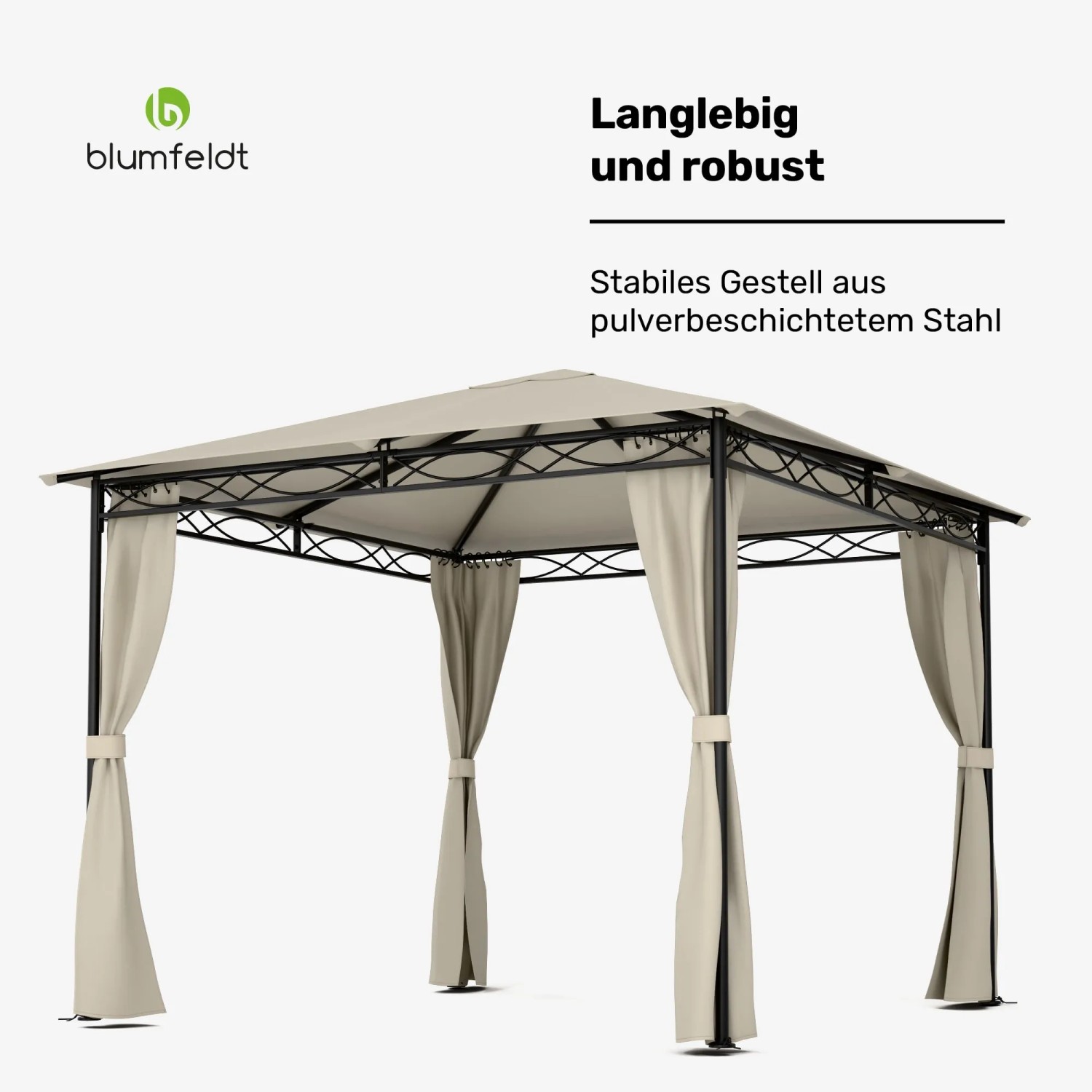 Beiger Blumfeldt Mondo Gartenpavillon mit Stahlgestell und Vorhängen für Garten oder Terrasse.