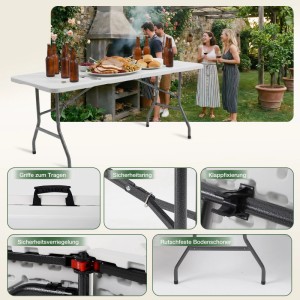 Sekey Buffettisch/Campingtisch, 150 cm, weiß, klappbar, mit Stahlgestell und Details.