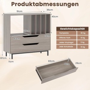 Grauer Costway Plattenspielerständer: Technische Zeichnung mit Maßen (91x36x87cm), 2 Schubladen, Vinyl-Fächern und Belastbarkeiten.