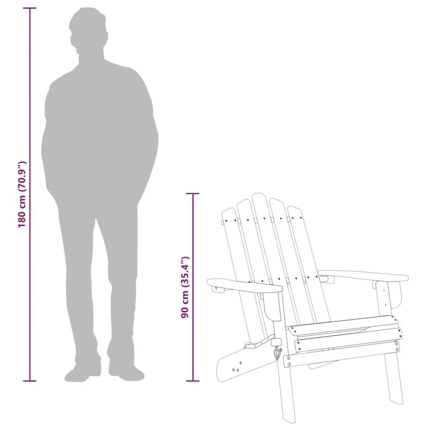 Adirondack-Gartenstuhl aus Akazienholz im Größenvergleich mit einer Person (180 cm). Höhe: 90 cm.
