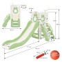Joyz 3in1 Kinderrutsche grün mit Spielturm, Basketballkorb und Maßangaben.