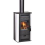 Firefix Kaminofen Stahl Anthrazit 5,8 kW. Moderner Ofen mit heller Seitenverkleidung und brennendem Holz.