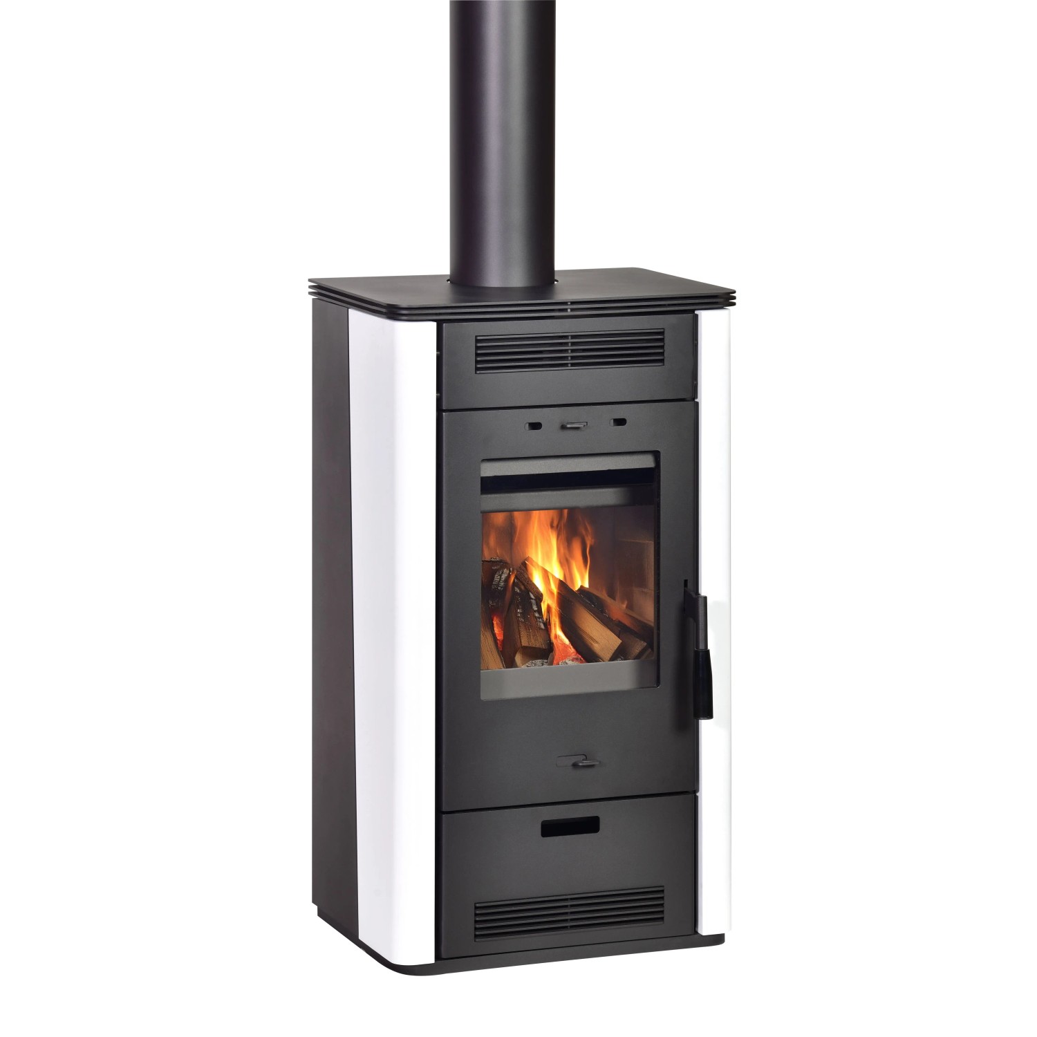 Firefix Kaminofen Stahl Anthrazit 5,8 kW. Moderner Ofen mit heller Seitenverkleidung und brennendem Holz.