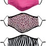 3er-Set Mund-Nasen-Schutz aus Baumwolle mit Leo-, Zebra- und Pink-Muster.