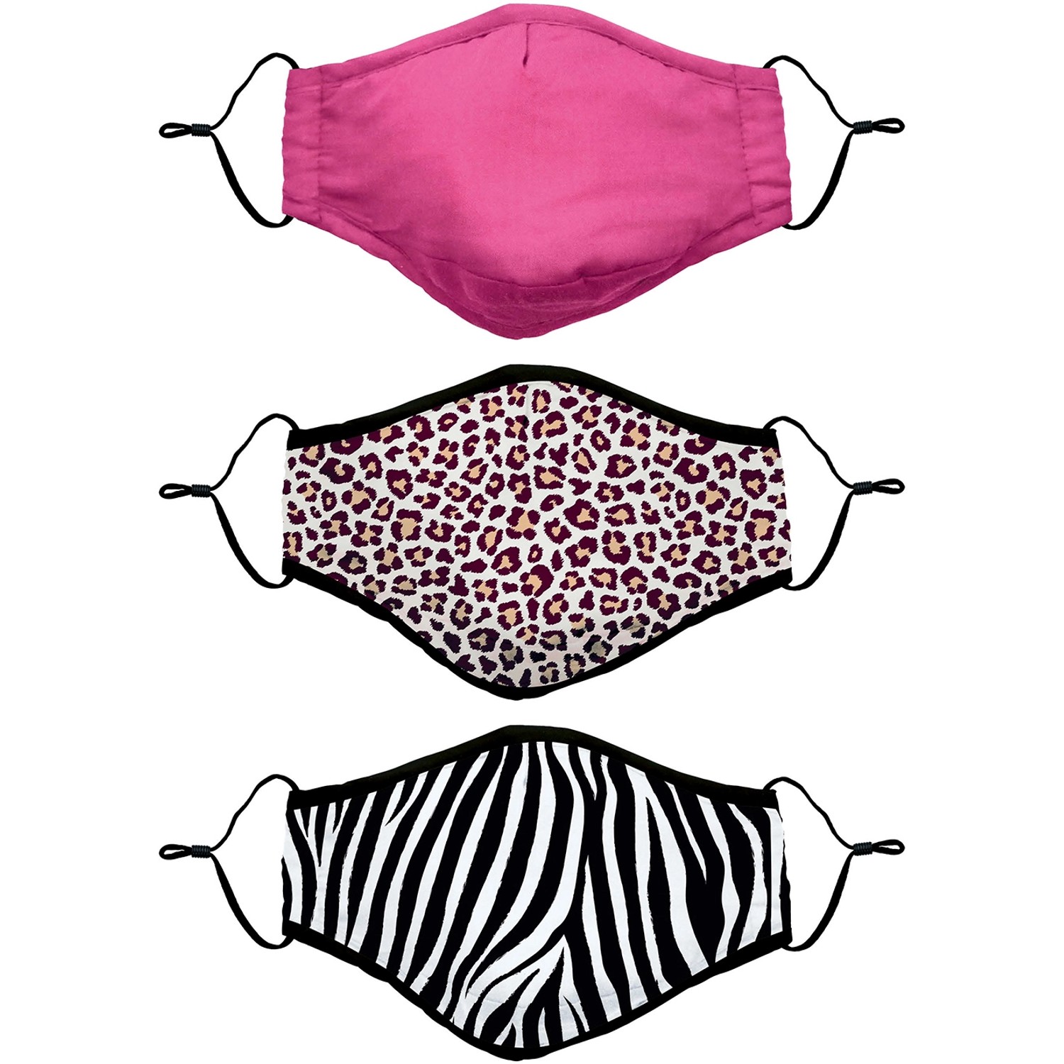 Mund-Nasen-Schutz 100% Baumwolle 3er-Set Muster Leo, Zebra, Pink