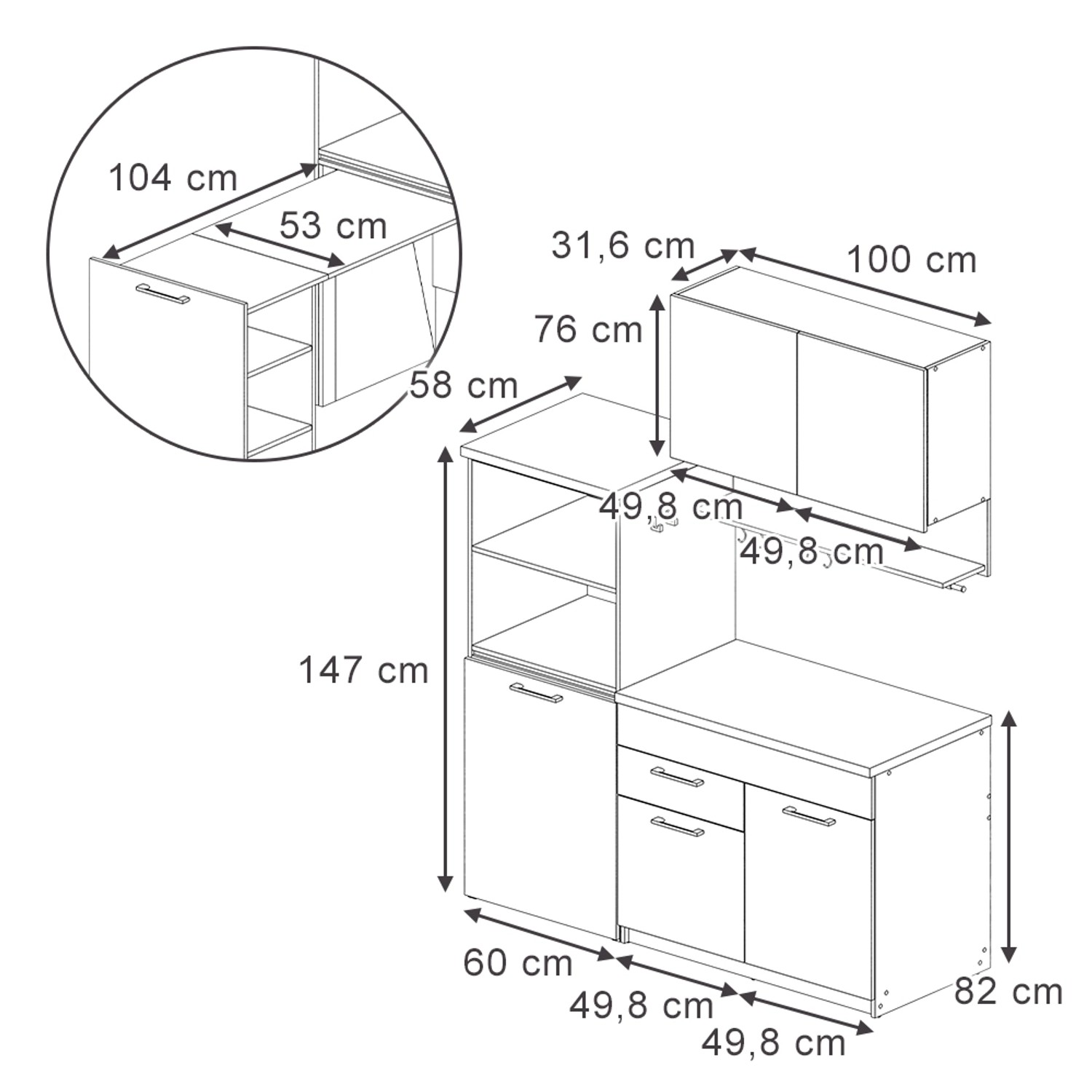 Skizze der Vicco Egbert Singleküche in Greige, 160 cm breit, mit Maßen und Details.
