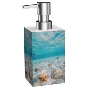 SANILO Seifenspender Waterworld, Badhelfer mit Strandmotiv und Edelstahlpumpe.