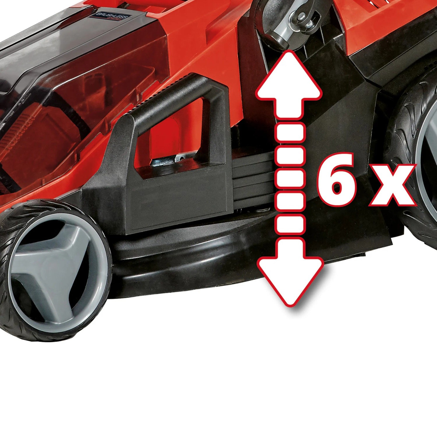 Einhell Akku-Rasenmäher: Detailaufnahme der 6-stufigen Schnitthöhenverstellung.