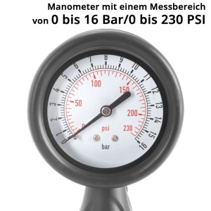 Manometer der STAHLWERK Druckluft-Reifenfüllpistole, zeigt 0-16 Bar/0-230 PSI für präzise Messung.