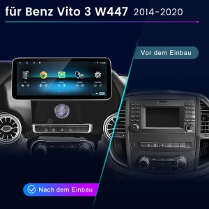 Junsun Autoradio für Mercedes Vito W447: Vorher-Nachher-Ansicht mit modernem, großem Touchscreen im Armaturenbrett.