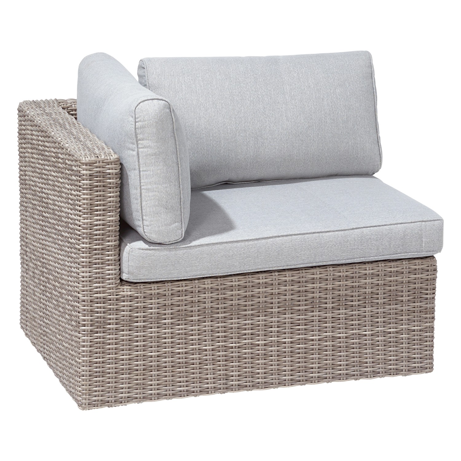 Lounge-Sessel Olea, Teil eines 5-teiligen Polyrattan Sets in Sand mit grauen Kissen.