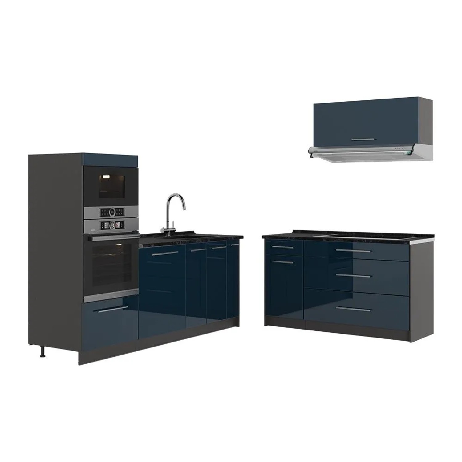 Vicco Küchenzeile Fame-Line Dunkelblau Hochglanz/Anthrazit 340 x 154 AP Anthrazit Art Nr 63869
