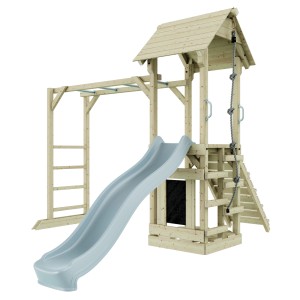 OutdoorToys Spielturm Lund Eisblau mit Rutsche, Kletterwand und Hangelstange.
