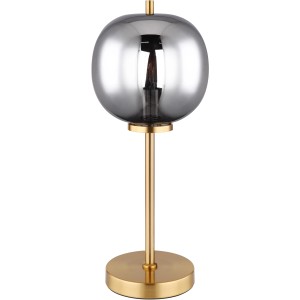 Globo Design-Tischleuchte Blacky I, Metall messingfarben, Rauchglas-Schirm.