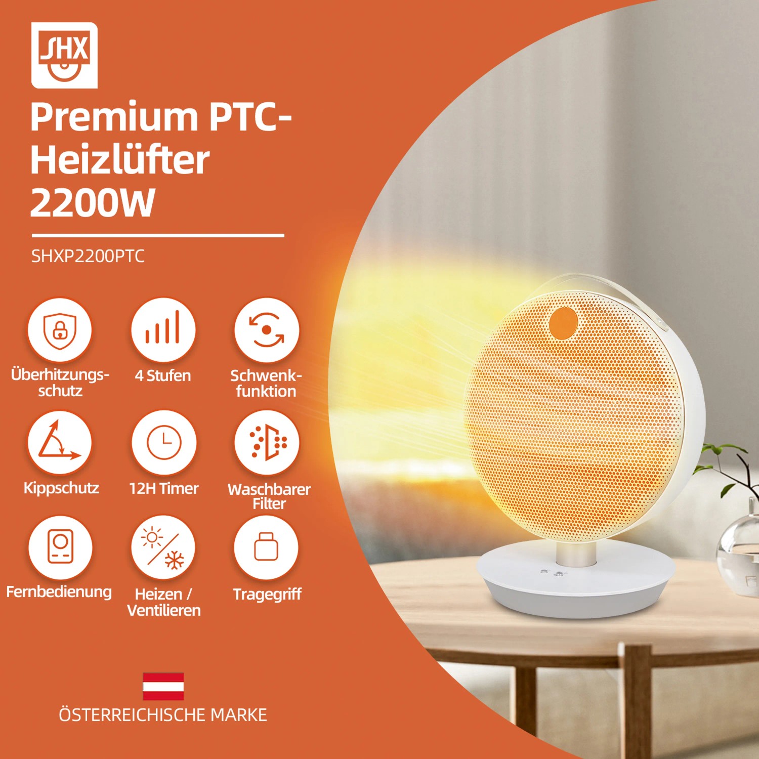 Weißer PTC-Heizlüfter (2200 W) mit Schwenkfunktion auf einem Tisch. Elektrisches Heizgerät mit Überhitzungsschutz.