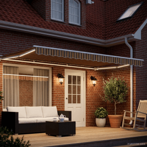 Elektrische vidaXL Markise 5x3,5m, gelb-grau-weiß gestreift, mit Beleuchtung als Sonnenschutz über Terrasse.