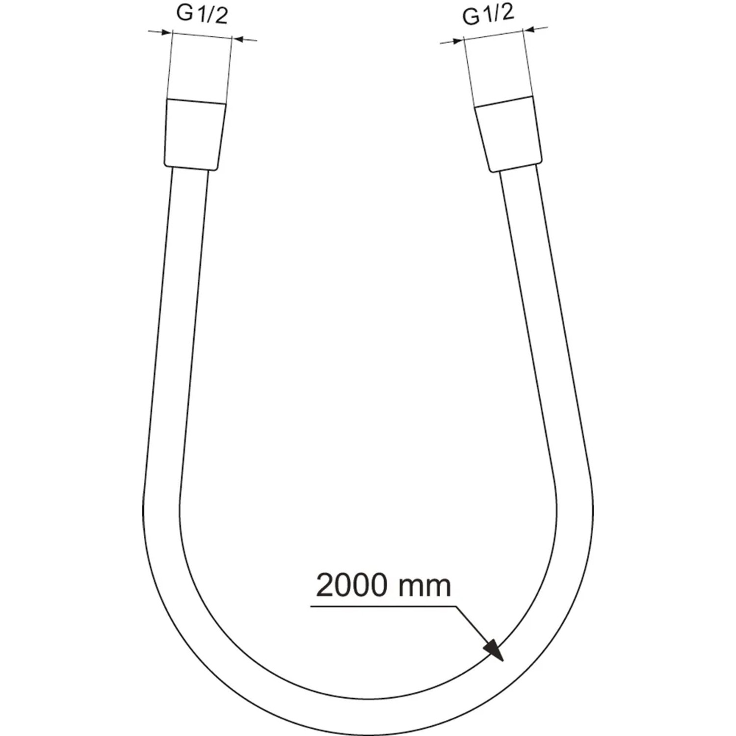 Skizze: Ideal Standard Idealflex Brauseschlauch, 2000 mm, Chrom, G1/2 Anschluss.