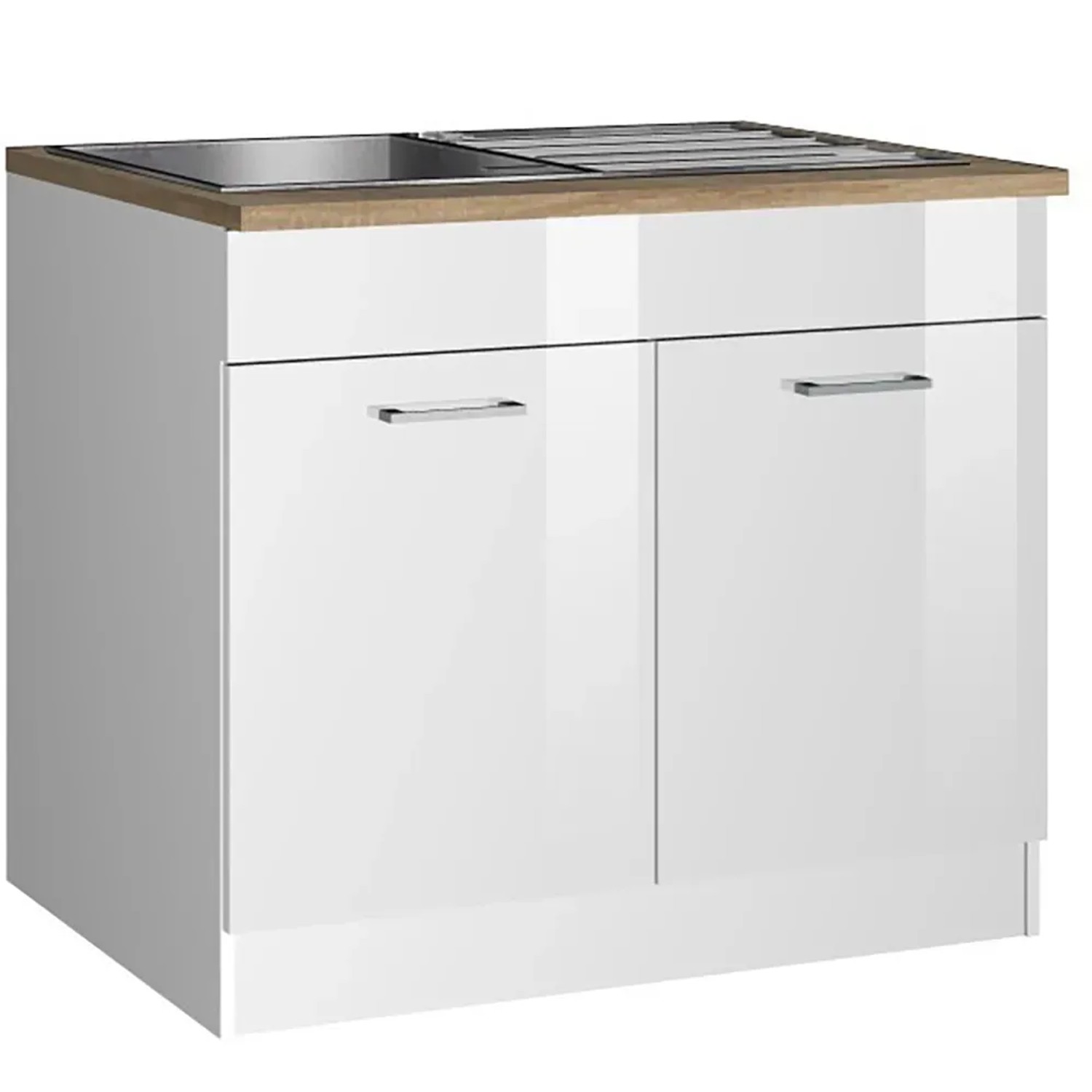 Held Möbel Spülenunterschrank Mailand, 100 cm, Hochglanz Weiß mit Edelstahlspüle und Eiche Arbeitsplatte.