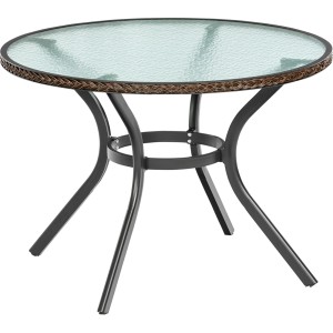 Merxx Gartentisch Ravenna, Ø 104 cm, mit Glasplatte und braunem Kunststoffgeflecht-Rand.