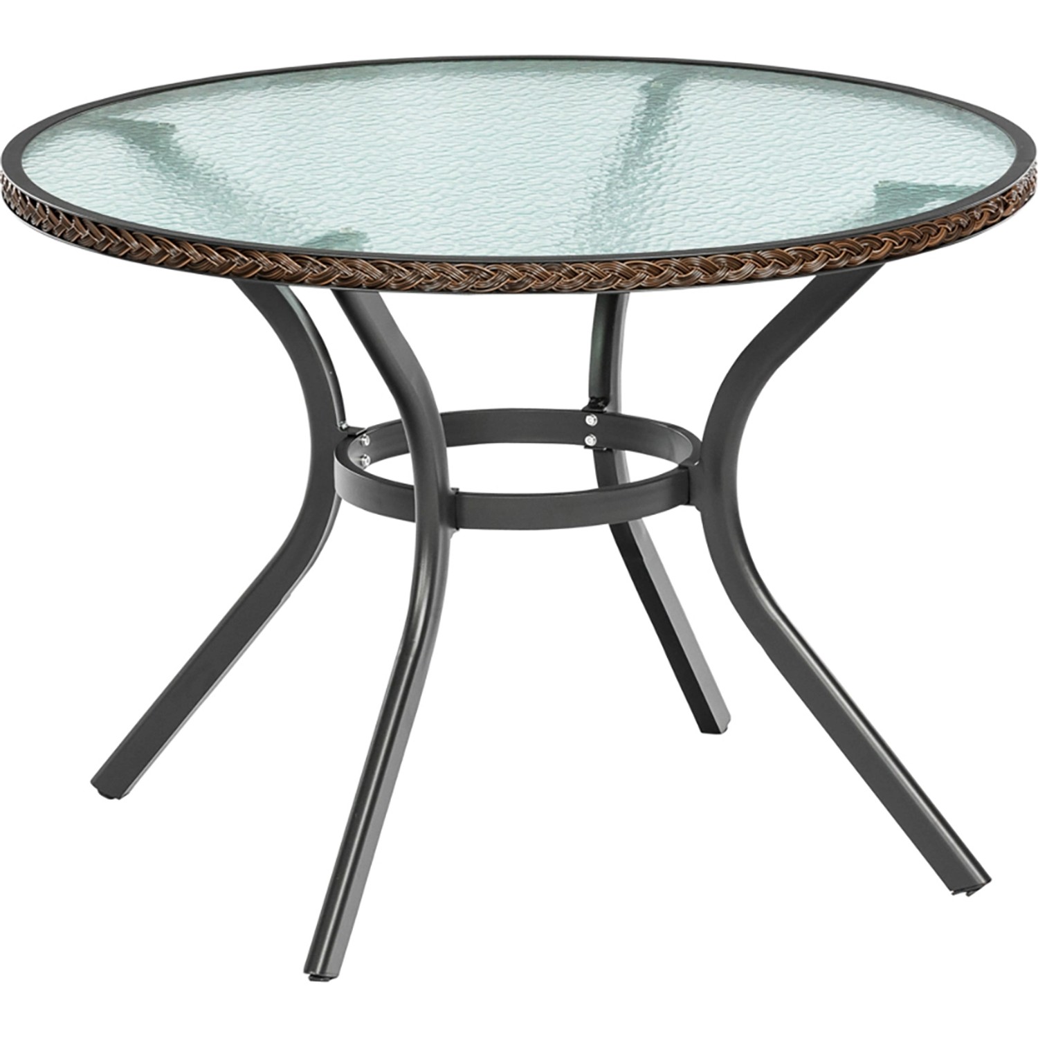 Merxx Gartentisch Ravenna, Ø 104 cm, mit Glasplatte und braunem Kunststoffgeflecht-Rand.