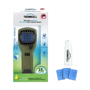 Thermacell Mückenabwehr Proactive Handgerät mit Kartusche und Plättchen für den Außeneinsatz.
