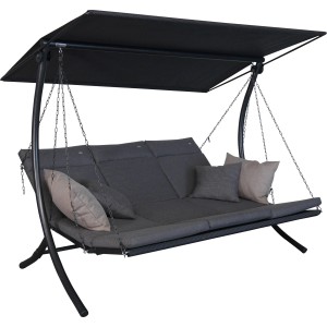 Angerer Hollywoodschaukel Swing Smart Stone, 3-Sitzer mit Sonnendach und grauen Kissen.