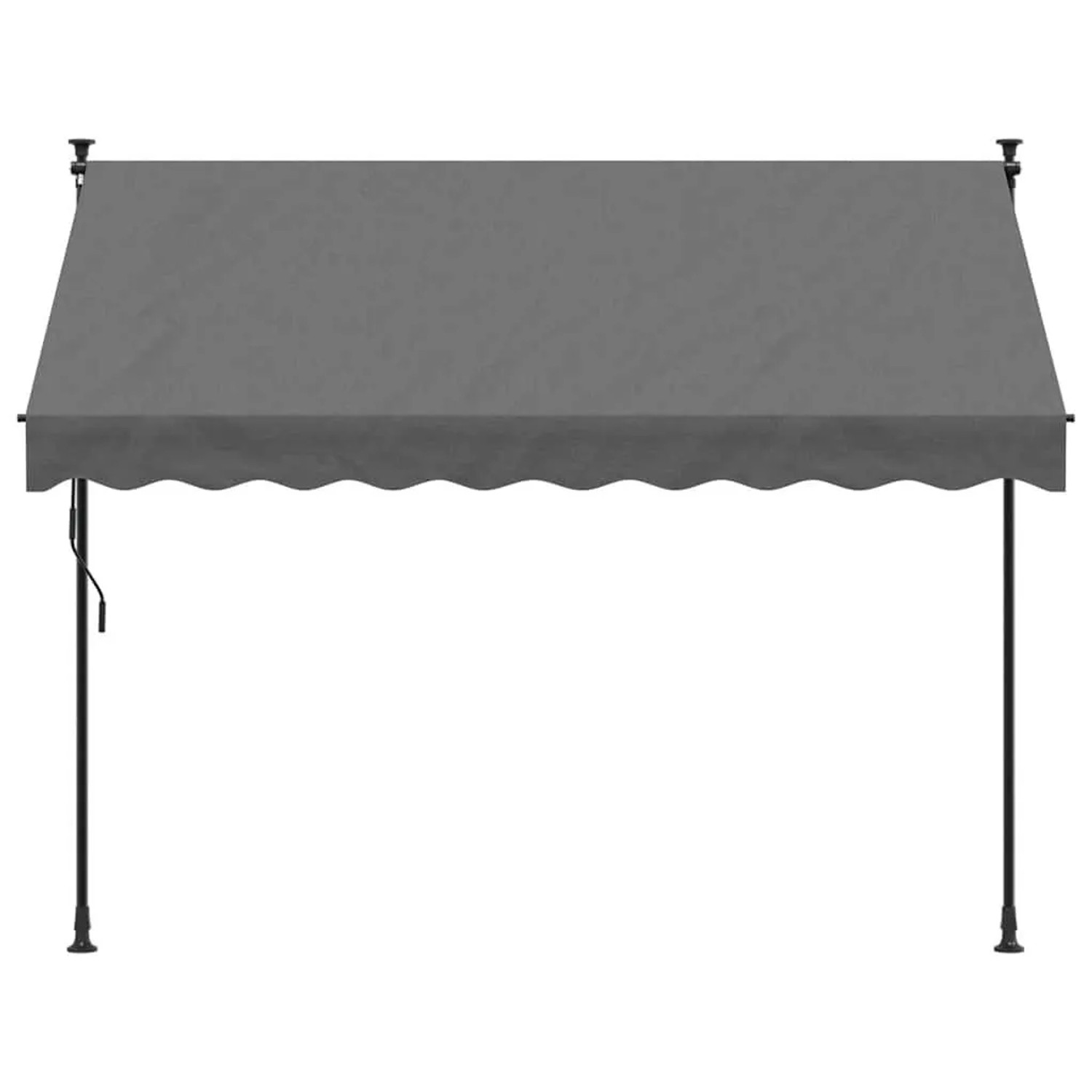 Einziehbare, anthrazitfarbene Markise (250x150 cm) aus Stoff und Stahl.