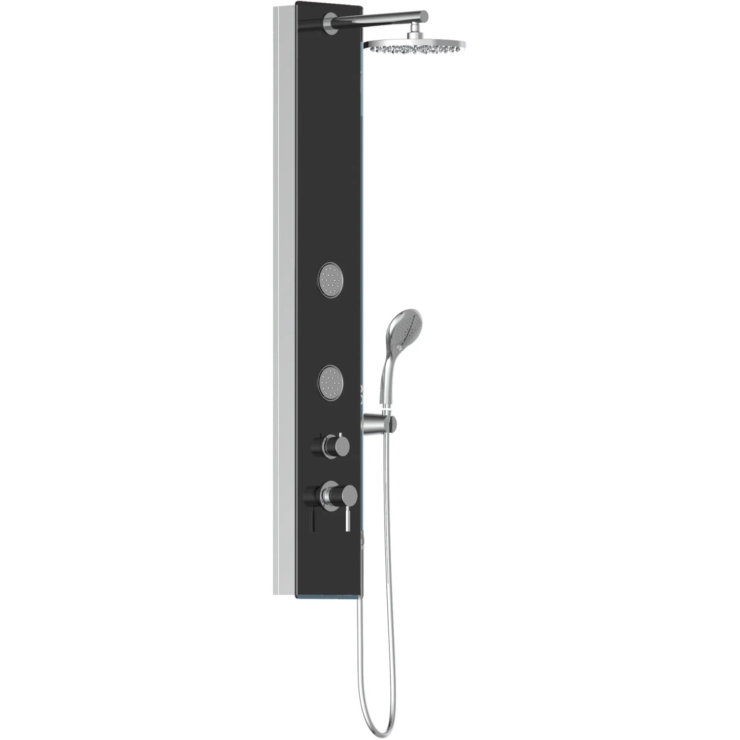 Schütte Glas-Duschpaneel in Anthrazit mit Kopf-, Handbrause und Massagedüsen.