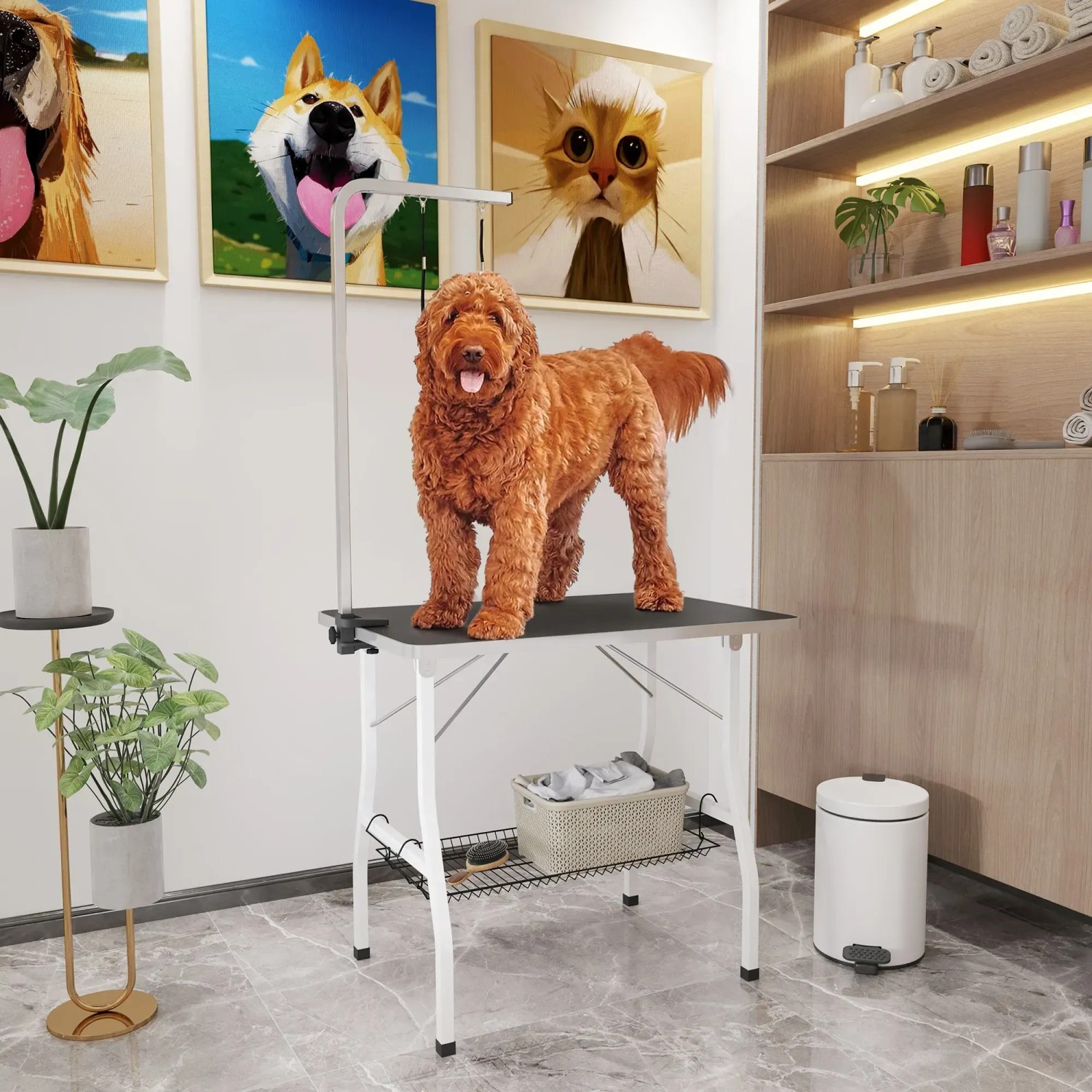PawHut Tierpflegetisch, schwarz, mit Hund. Trimmtisch mit Ablage und verstellbarem Arm für Hundefellpflege.