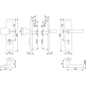 Technische Zeichnung: Hoppe Schutz-Wechsel-Garnitur Amsterdam Edelstahl Matt PZ-92, Türbeschlag mit Maßen.