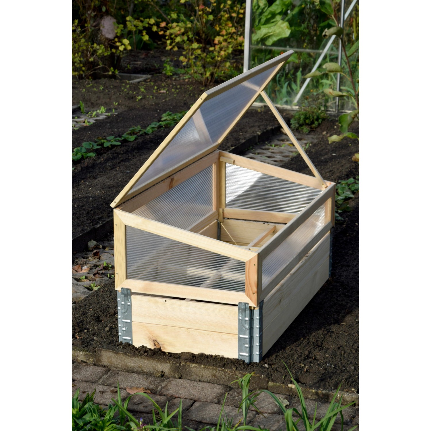 Frühbeet Pflanzbeet mit Polycarbonat-Aufsatz, Größe L, aus Kiefernholz.