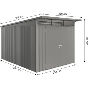 Biohort Metall-Gerätehaus AvantGarde Gr. A8, quarzgrau-metallic, mit Doppeltür und Maßangaben.