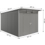 Biohort Metall-Gerätehaus AvantGarde Gr. A8, quarzgrau-metallic, mit Doppeltür und Maßangaben.