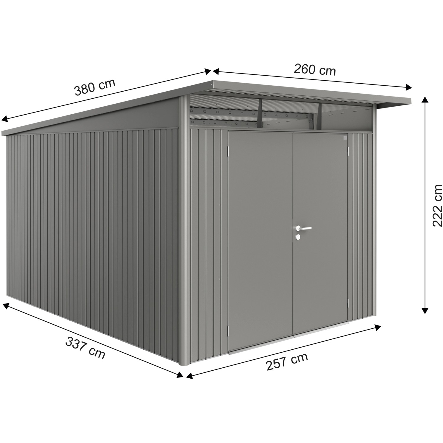 Biohort Metall-Gerätehaus AvantGarde Gr. A8, quarzgrau-metallic, mit Doppeltür und Maßangaben.