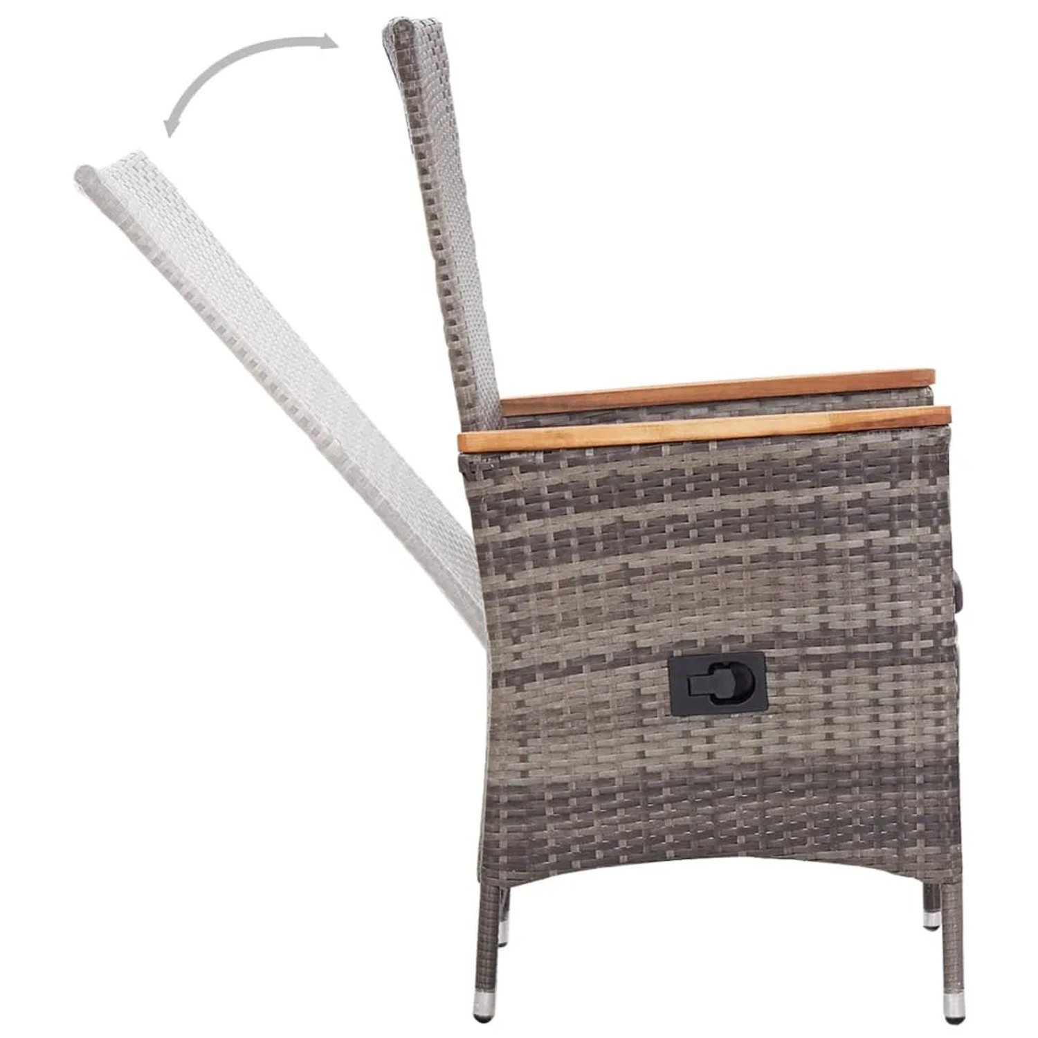 Verstellbarer Gartenstuhl aus Rattan, Teil der vidaXL 3-tlg Essgruppe, mit Holzarmlehnen.