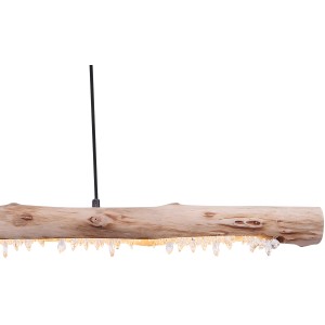 Globo LED-Pendelleuchte Felicitas: Hängelampe mit Holzbalken, Acrylkristallen und schwarzem Kabel.