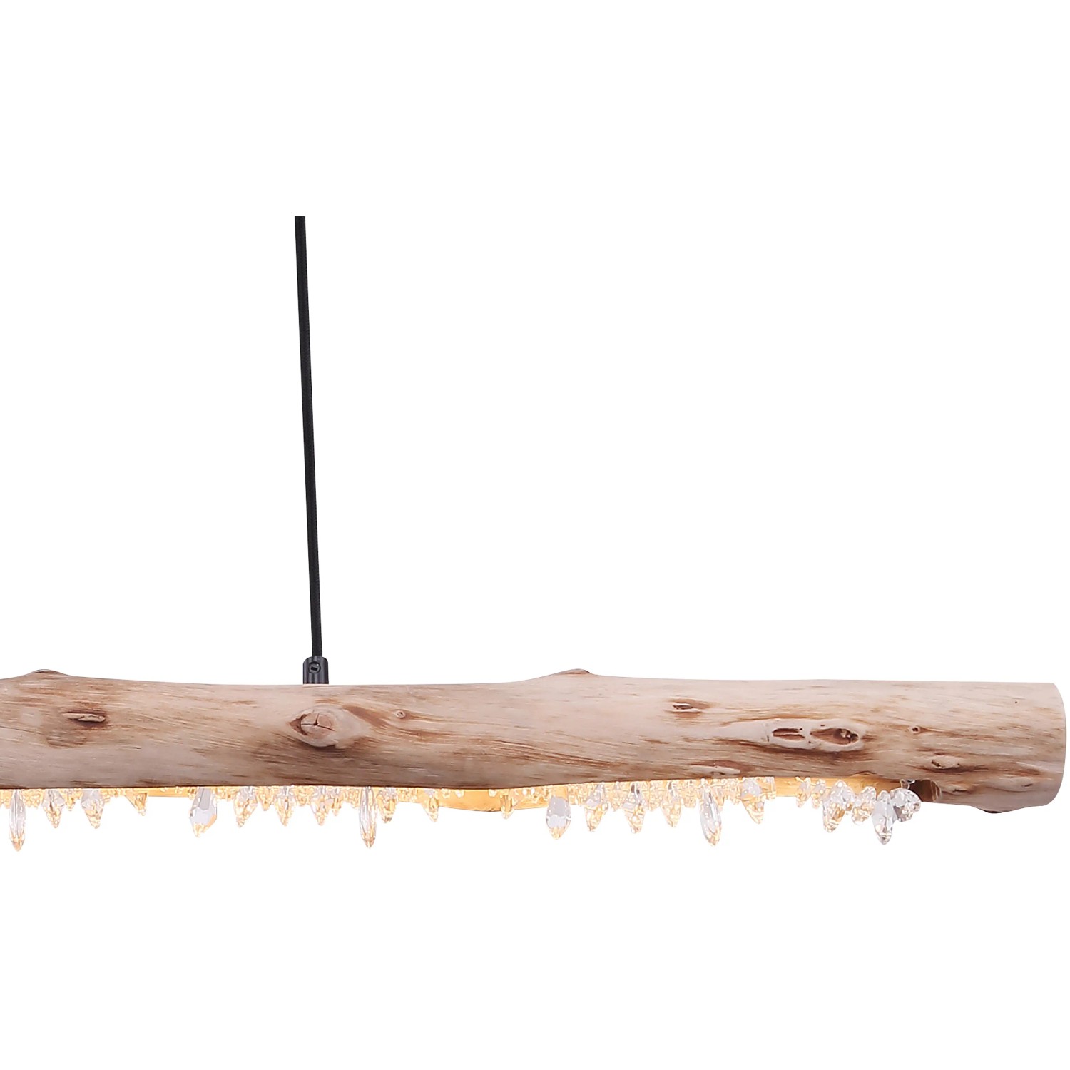 Globo LED-Pendelleuchte Felicitas: Hängelampe mit Holzbalken, Acrylkristallen und schwarzem Kabel.