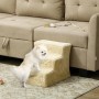 Beige PawHut Haustiertreppe aus Plüsch mit Hund vor Sofa. Ideal als Aufstiegshilfe.