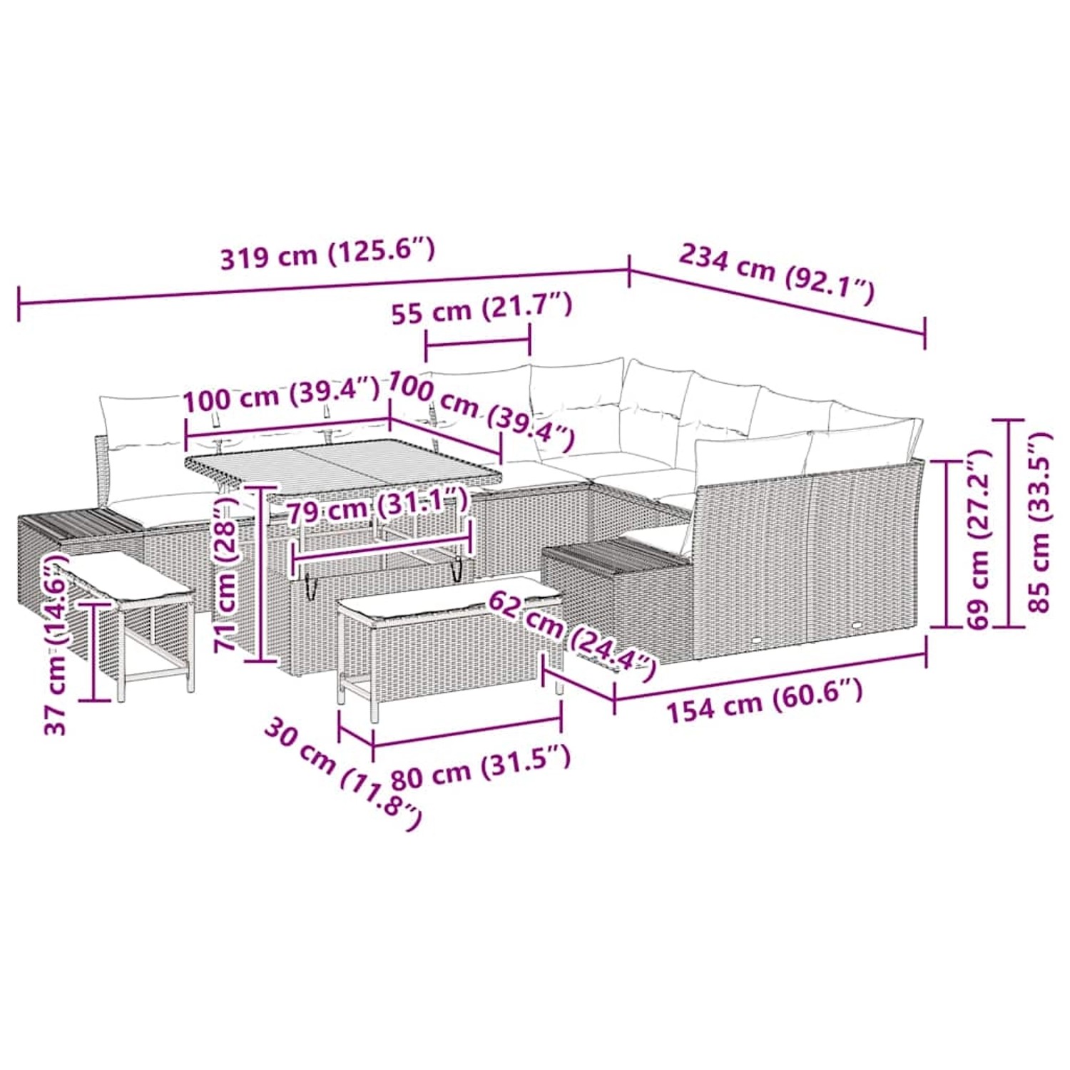 vidaXL Gartenmöbel-Set, 12-teilig, beige Poly Rattan, mit Maßen und Details.