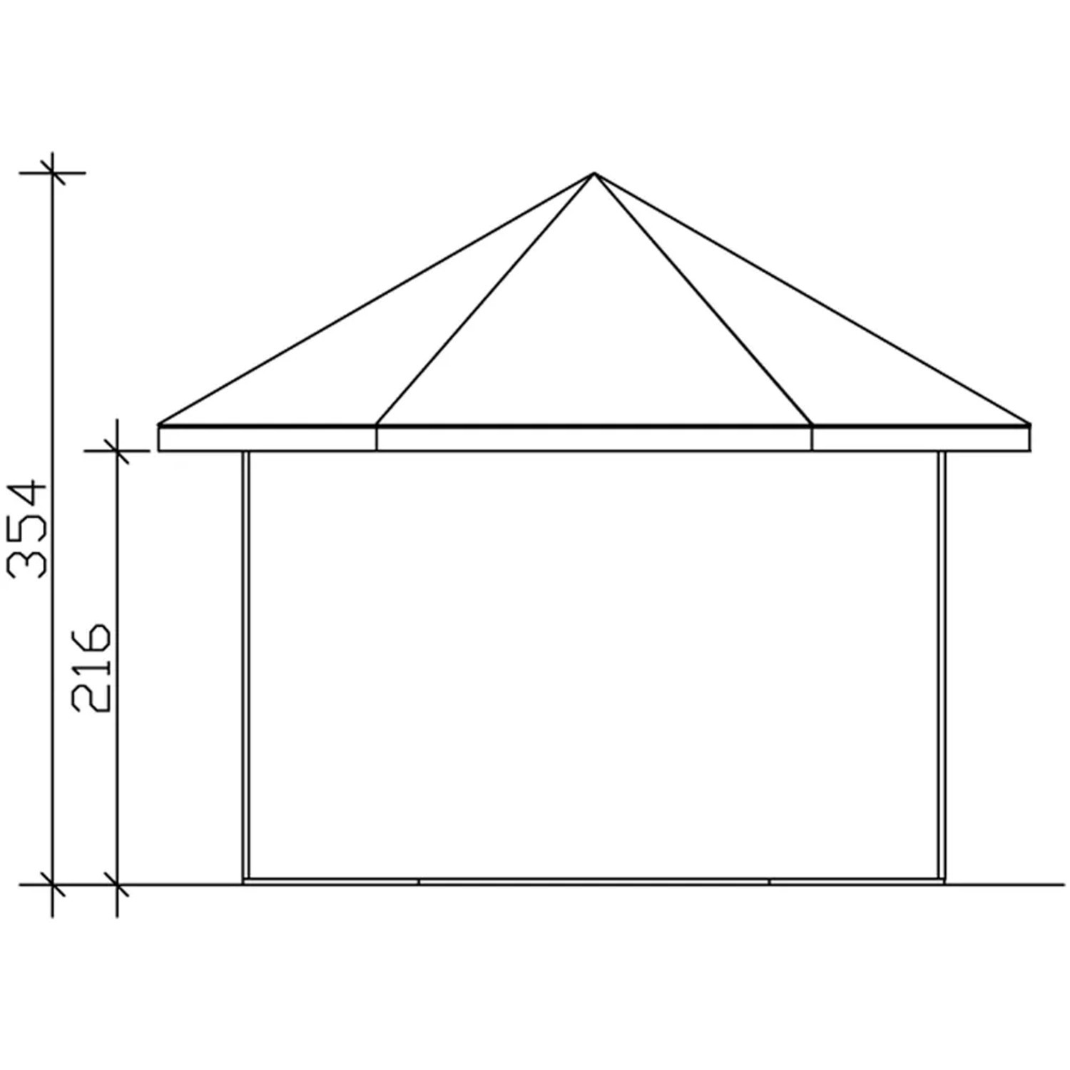 Technische Zeichnung: Skan Holz Pavillon Almelo, Schwedenrot, 350x303 cm, Maße und Aufbau.