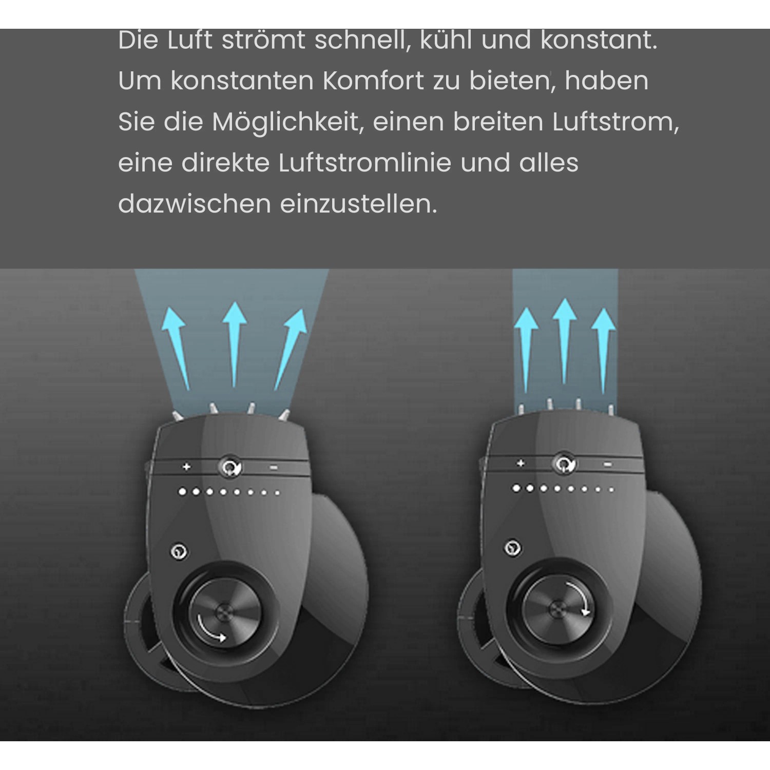 Detailaufnahme: Schwarzer Vornado Tower L Standventilator mit Luftstrom-Illustration.