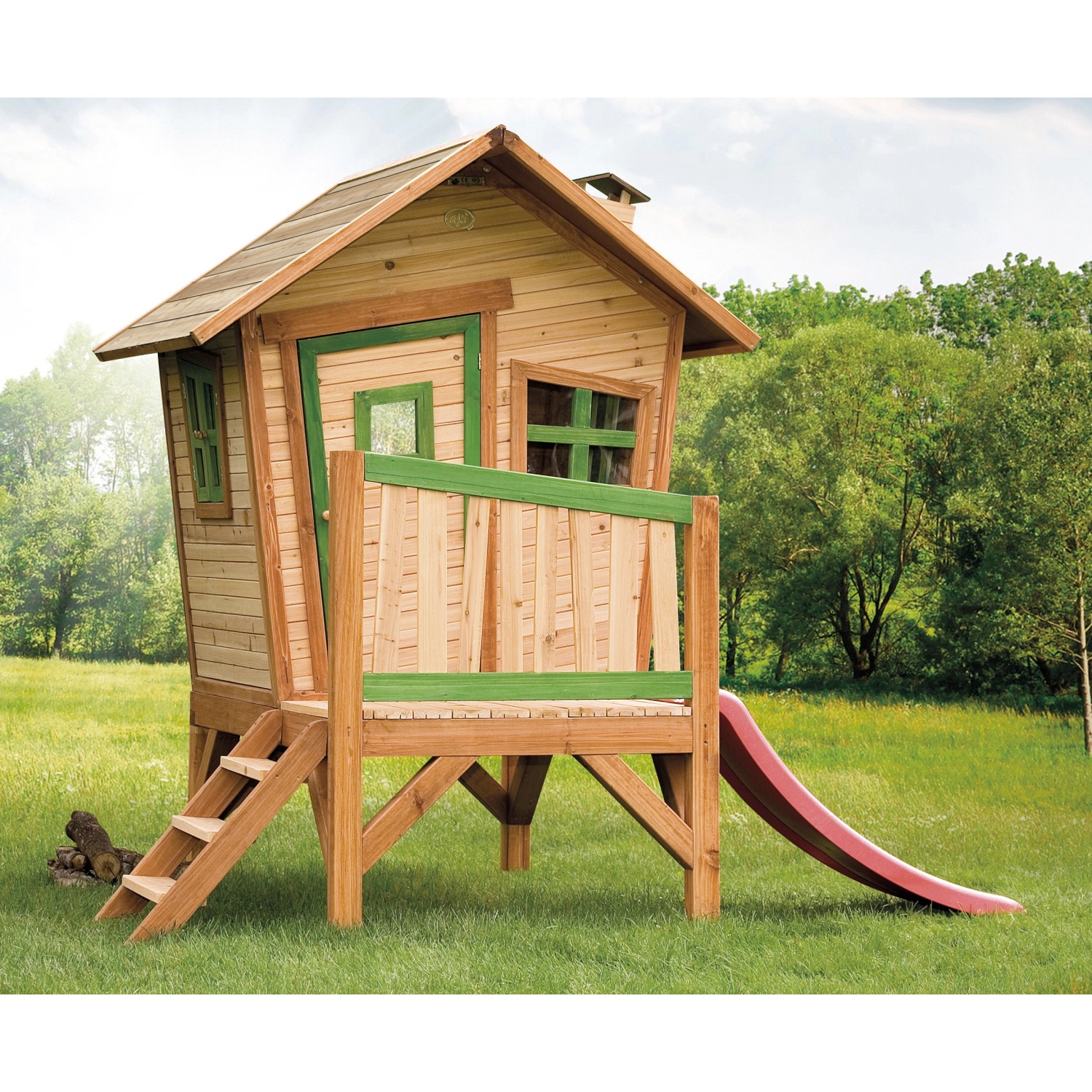 Axi Robin Spielhaus Braun - Grün mit Roter Rutsche 177 x 264 x 203 cm