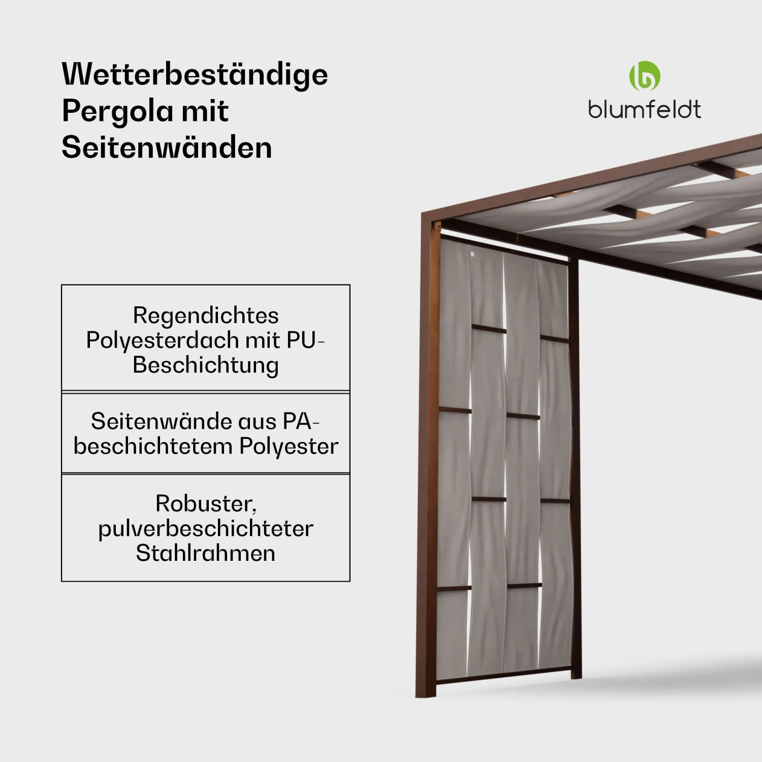 Weiße Blumfeldt Shade Cove Pergola 3x3 m mit Seitenwänden aus Stoff und pulverbeschichtetem Stahlrahmen.