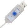 Transparenter USB-Stecker mit blauem Knopf für LED-Weihnachtsbaum. USB-Stromquelle für die Beleuchtung.